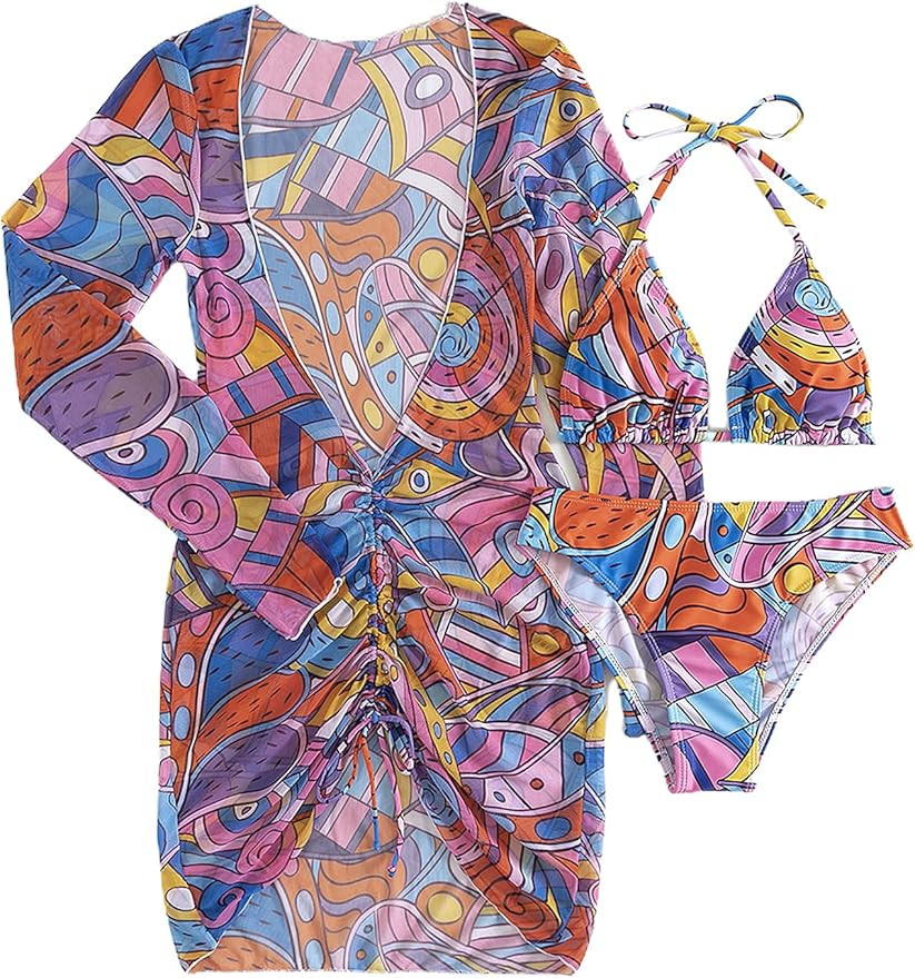SOLY HUX Women's Printed Triangle Halter Bikini Bathing Suit with Cover Up 3 Piece Swimsuits | Amazon (US)