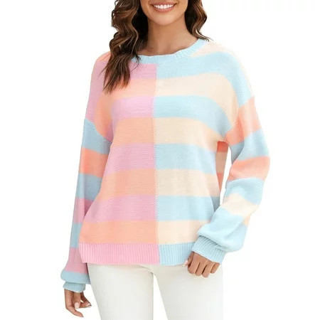 njshnmn Striped Sweaters for Women Oversized Crewneck Puff Sleeves Knit Pullover Sweater Pink S | Walmart (US)