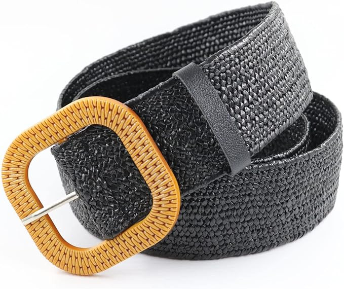 Women Belts For Dresses, Elastic Straw Rattan Waist Band With Wood Buckle | Amazon (US)