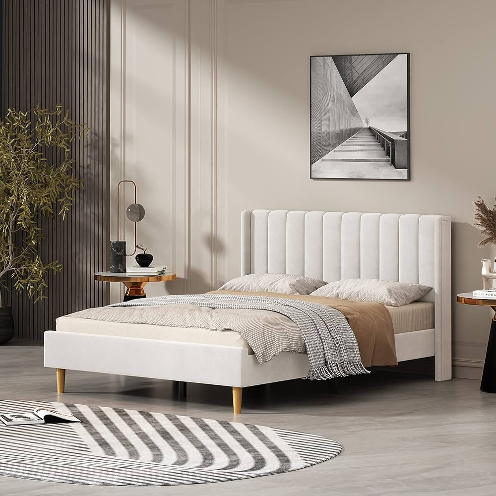 YUHUASHI upholstered Platform Bed Frame/Modern Geometric Double-Wing Design headboard/Flannel and... | Amazon (CA)