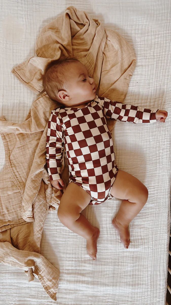 Long Sleeve Bamboo Onesie - Brick Checkered | Forever French
