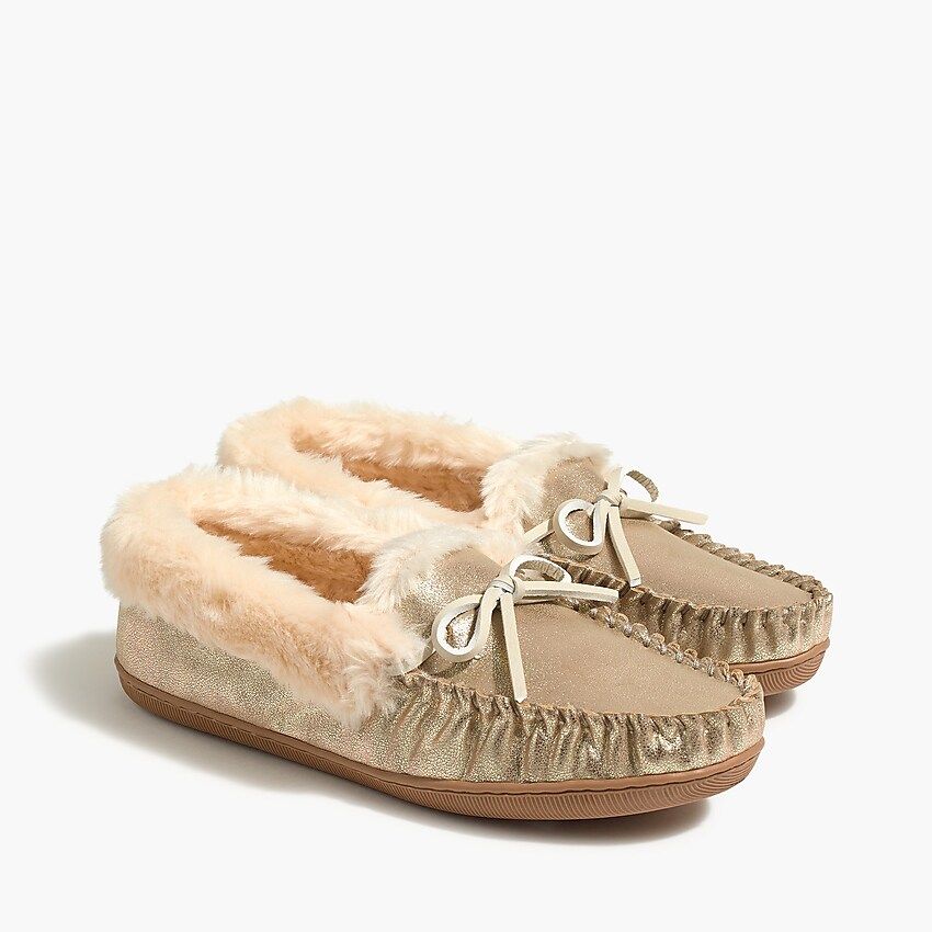 Metallic gold faux suede and shearling moccasin slippers | J.Crew Factory