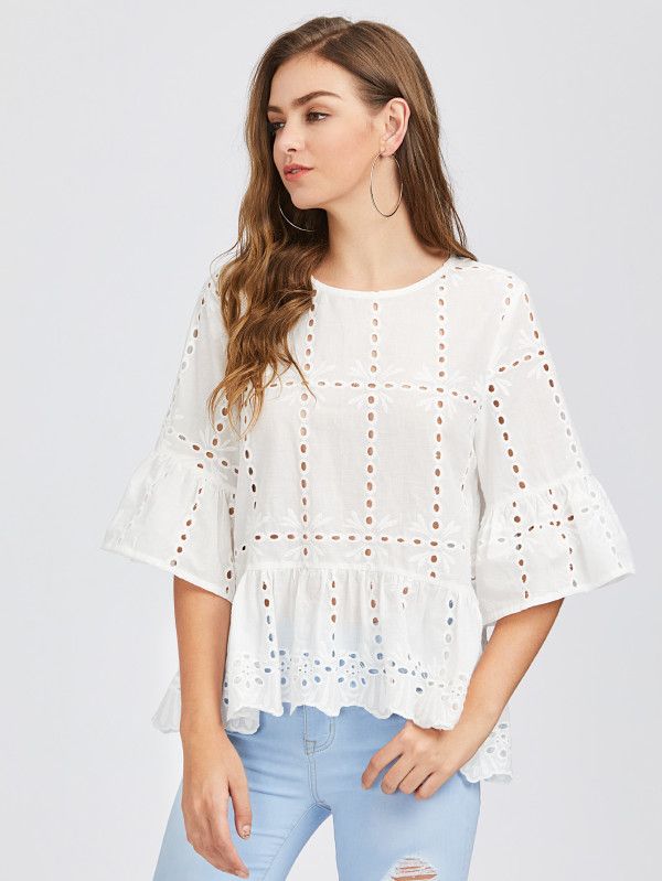 Fluted Sleeve Eyelet Embroidered Top | SHEIN