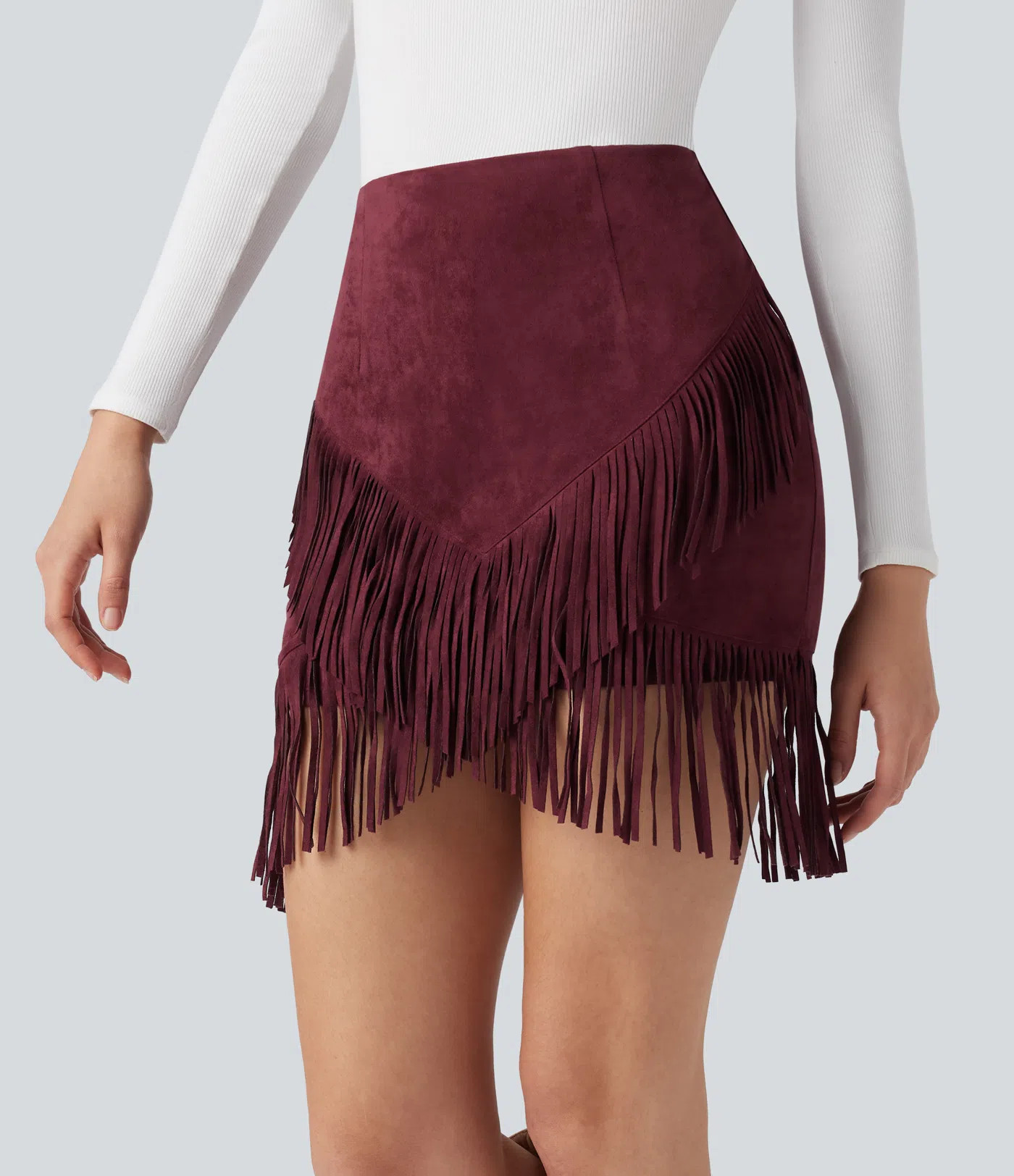 Women’s High Waisted 2-in-1 Fringe Hem Bodycon Mini Suede Casual Skirt - Halara | HALARA
