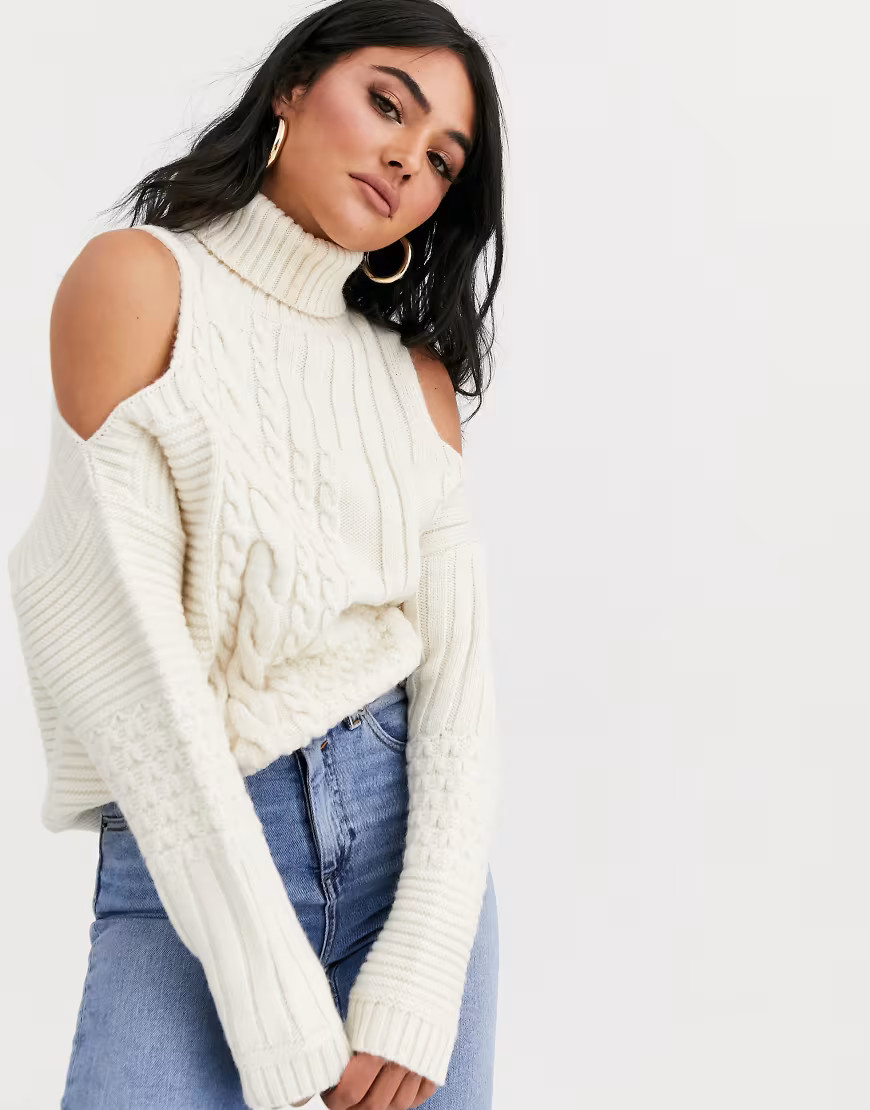 ASOS DESIGN cold shoulder cable jumper-Cream | ASOS (Global)