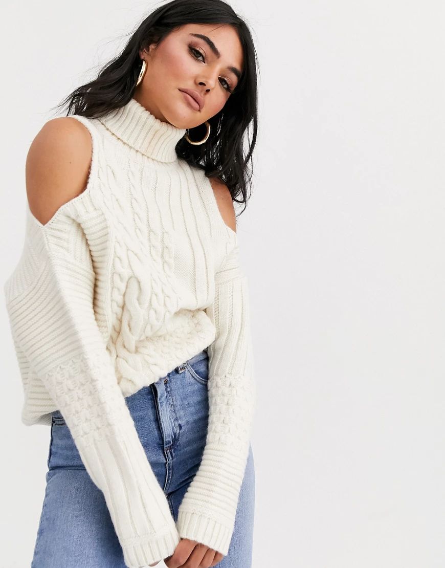 ASOS DESIGN cold shoulder cable jumper-Cream | ASOS (Global)