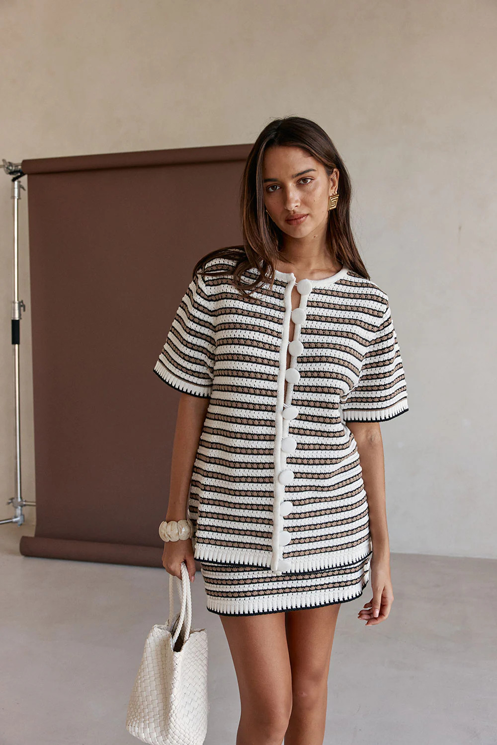 White and Brown Strope Knit Button Up Scottie Top | Sabo Skirt AU