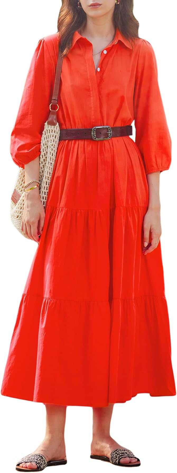 Women Button Down Maxi Shirt Dress Long Sleeve Flowy Tiered Collared Dresses with Pockets | Amazon (US)