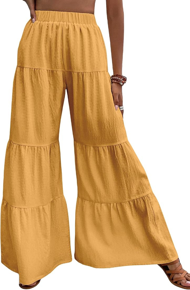 Women's Flowy Boho Elastic High Waist Ruffle Hem Wide Leg Beach Loose Palazzo Pants | Amazon (US)