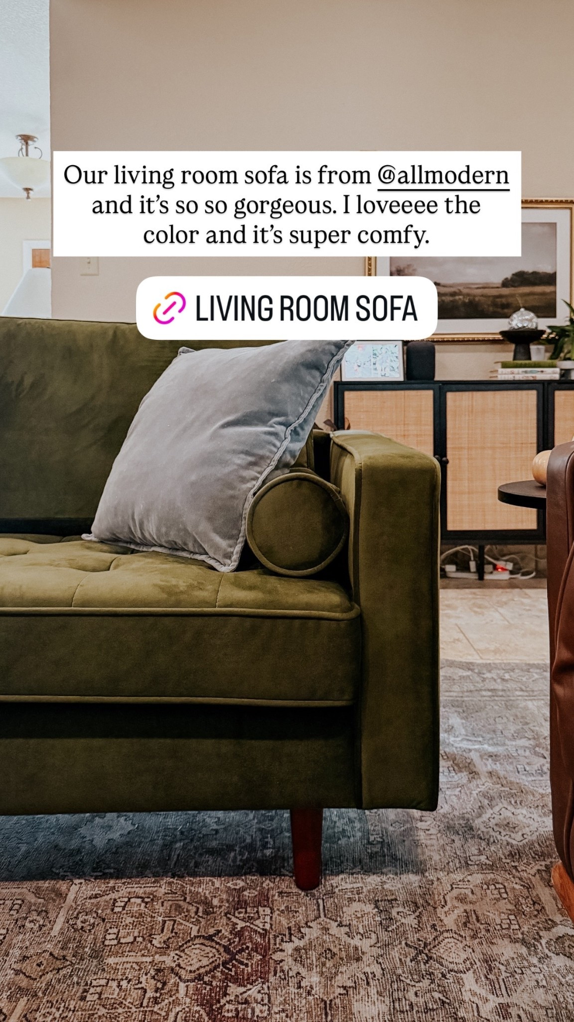 Our living room sofa is from @allmodern and it’s so so gorgeous. I loveeee the color and it’s super comfy.