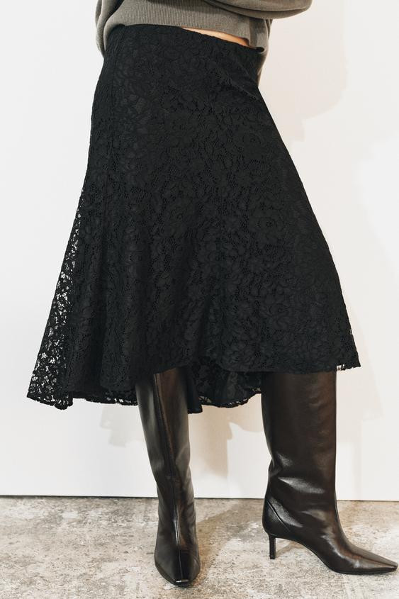 Zara - Zw Collection Lace Midi Skirt - Black - M - Woman | Zara US