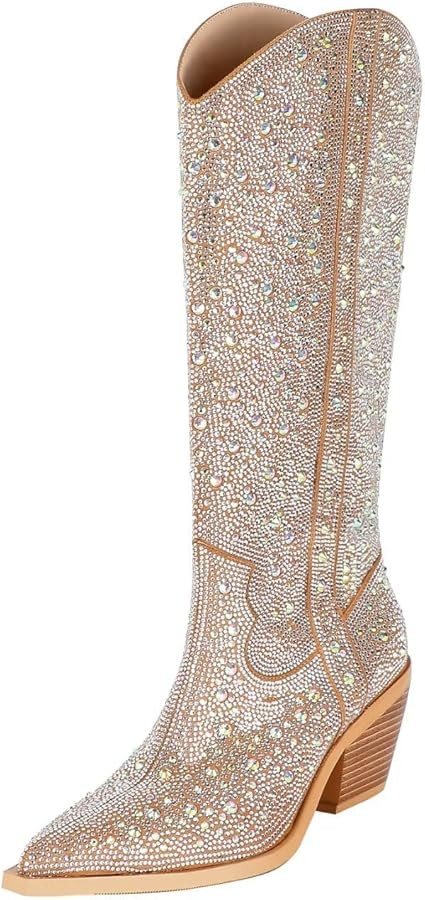 Women's Rhinestone Cowboy Boots Sparkly Western Block Heel Cowgirl Boots | Amazon (US)