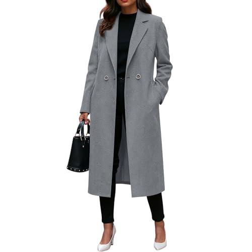 OIOLOYJM Long Fall Winter Wool Coats for Women 2025 Notched Lapel Collar Single-Breasted Peacoat Trench Coat Jackets Overcoat Gray M | Amazon (US)