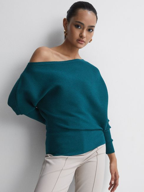 Reiss Teal Lorna Asymmetric Drape Knitted Top | Reiss US