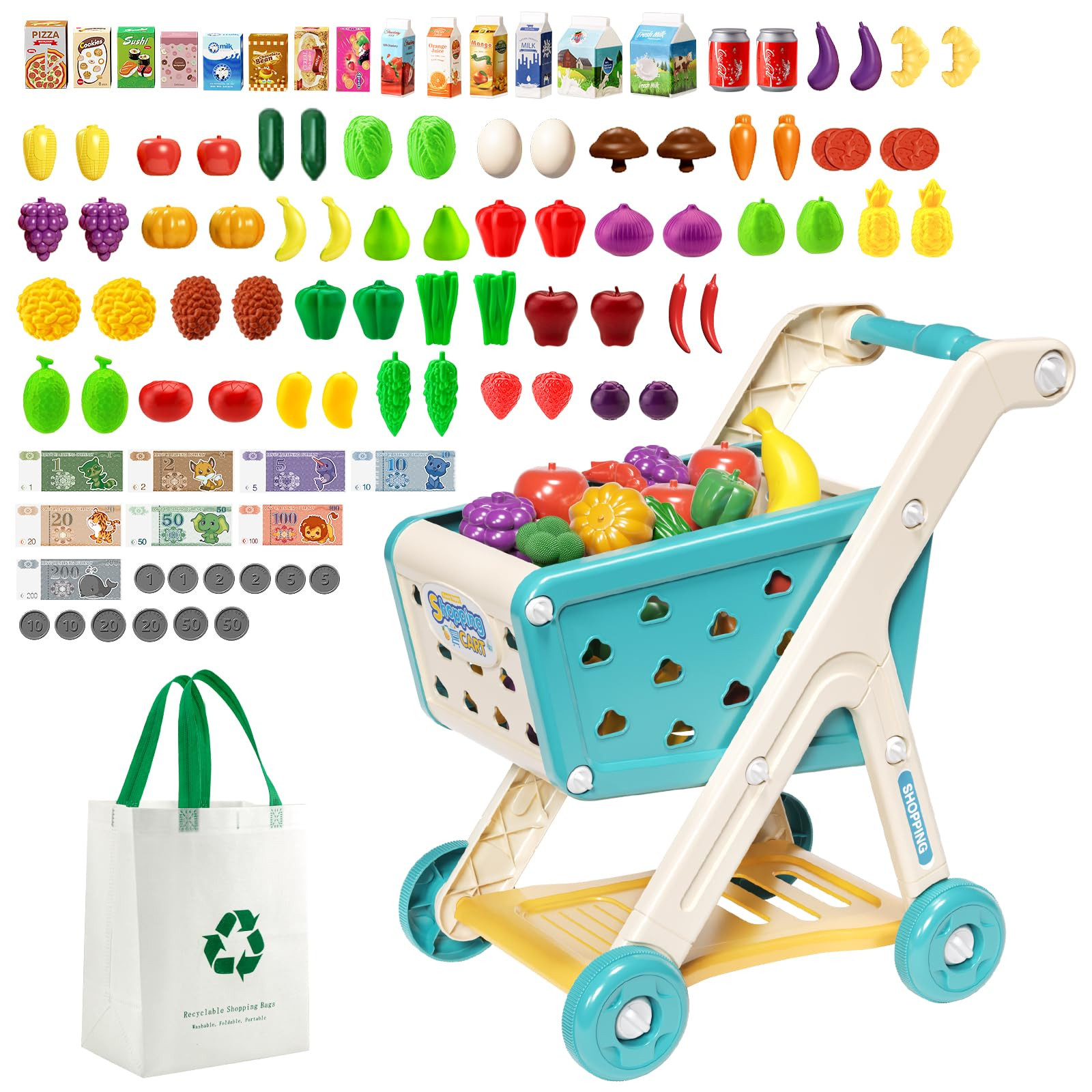 98pcs Kids Shopping Cart Trolley Play Set with Pretend Food and Accessories,Perfect for Ages 3+ P... | Amazon (US)