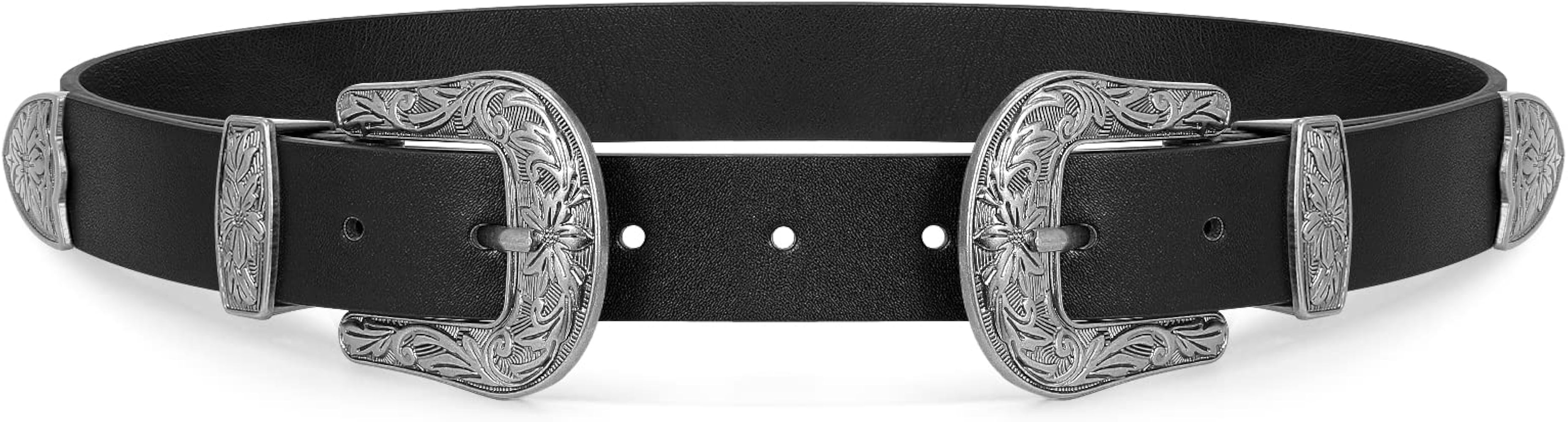 WHIPPY Vintage Western Leather Belt for Women Double Buckle Retro Cowgirl Waist Belts for Jeans P... | Amazon (US)