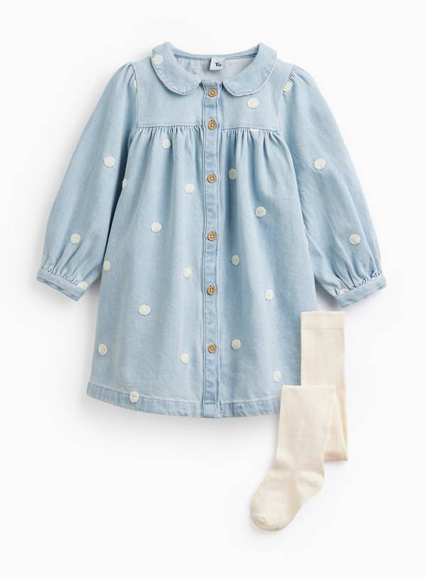 Denim Floral Print Dress & Tights Set 6-7 years | Tu Clothing