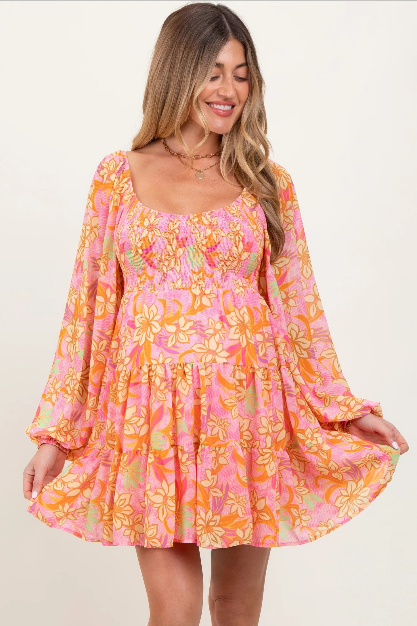 Pink Floral Smocked Bubble Sleeve Maternity Dress | PinkBlush Maternity
