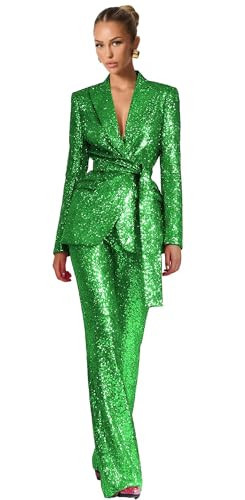 Hoawsyu Green Suit for Women with Belt Glitter Womens Tuxedo Suit Set Sparkly Club 2 Piece V Neck Sequin Womens Suit for Prom Size 3X-Large | Amazon (US)