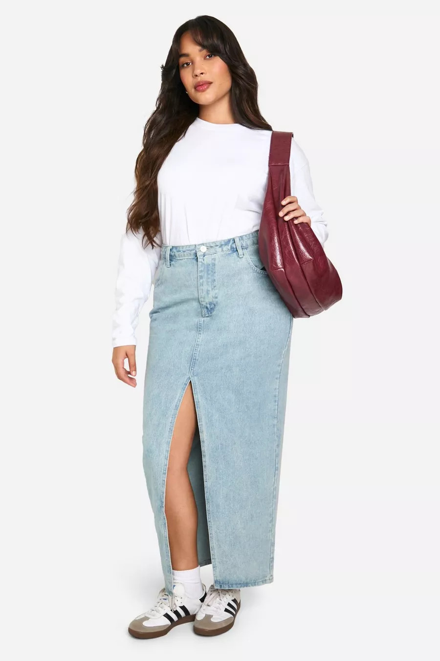 Plus Pocket Detail Split Front Denim Maxi Skirt | boohoo (US & Canada)
