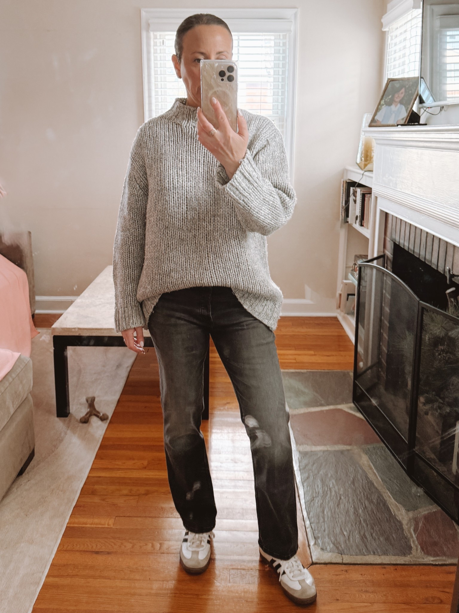 Transition weather outfit. I love these new jeans from mother. They are more of a straight leg. The wash is a dark grey. Very pretty. Have a bit of stretch nice length. //. Adidas sneakers are 30% off with coupon code LTK30 and this is one of the best sweaters!  Perfect for days like today when it’s cool but you don’t want a heavy jacket. //. Spring. Work outfit  

#LTKWorkwear #LTKSeasonal #LTKStyleTip