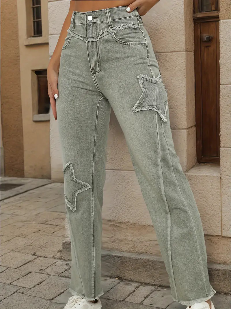 Star Raw Seam Casual Straight Jeans, Loose Fit Raw Hem Non-Stretch Denim Pants, Women's Denim Jea... | Temu Affiliate Program