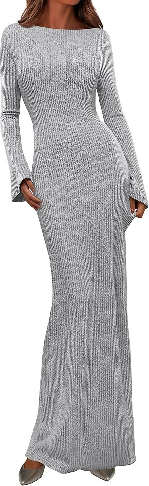 PRETTYGARDEN Women's Fall Fashion 2026 Long Sleeve Maxi Dress Ribbed Knit Boat Neck Bodycon Casua... | Amazon (US)