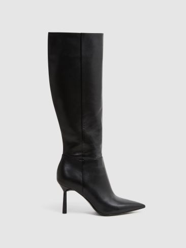 Reiss Black Gracyn Leather Knee High Heeled Boots | Reiss UK