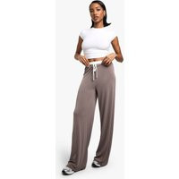 Womens Peached Jersey Exposed Waistband Wide Leg Trouser - Brown - 2 | boohoo (US & Canada)