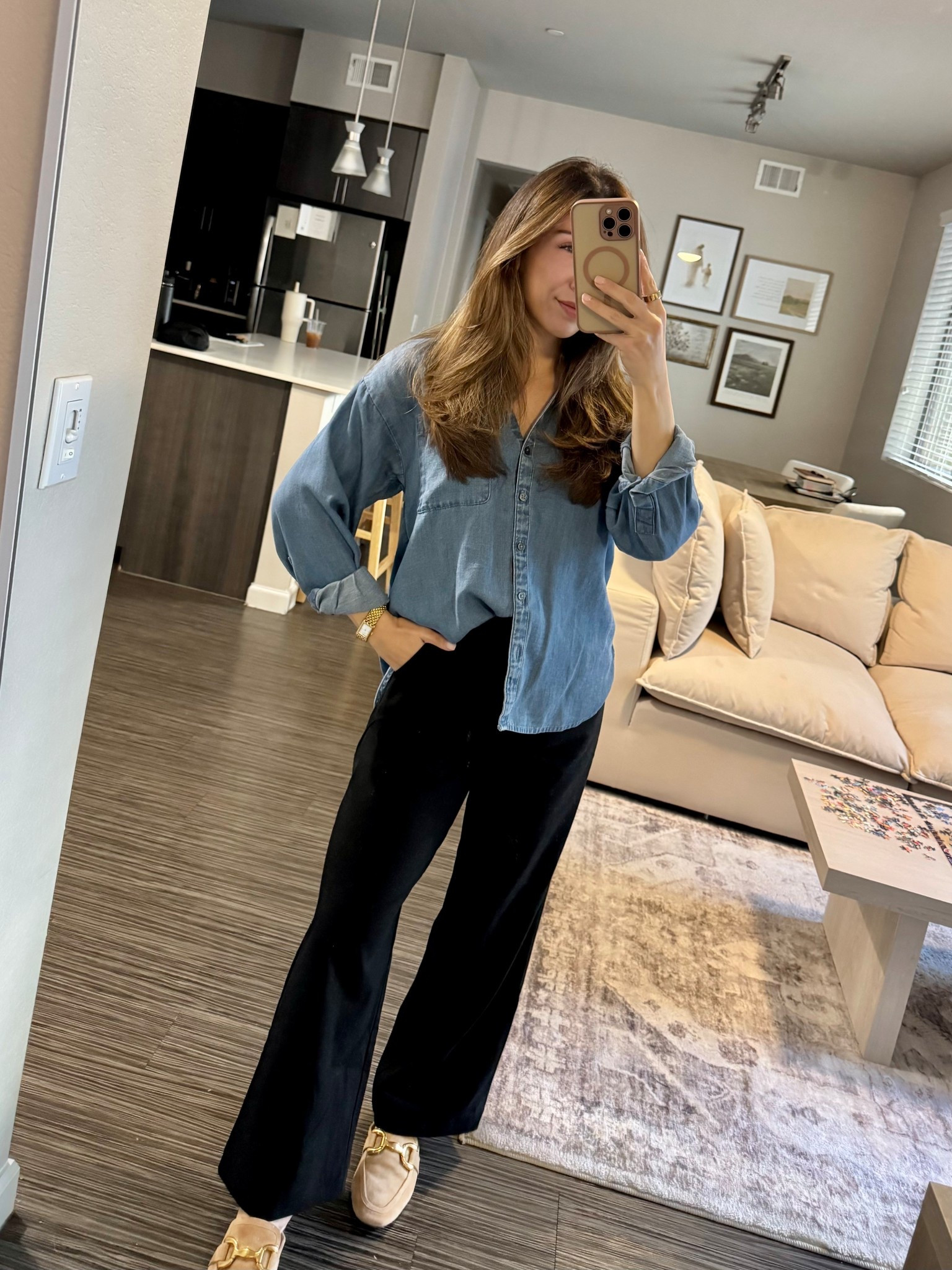 Work fit - comfy but still elevated casual. 


Top - XSP
Pants - XXSP (they run big) 
Shoes - 6.5 (true to size) 