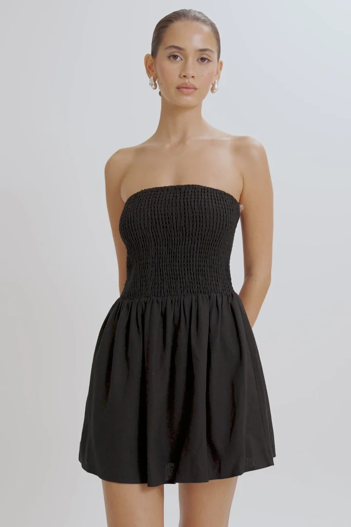 Holland Linen Shirring Mini Dress - Black | MESHKI US