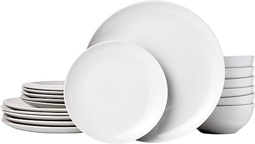 Amazon Basics 18-Piece Kitchen Dinnerware Set, Plates, Dishes, Bowls, Service for 6, White Porcel... | Amazon (US)
