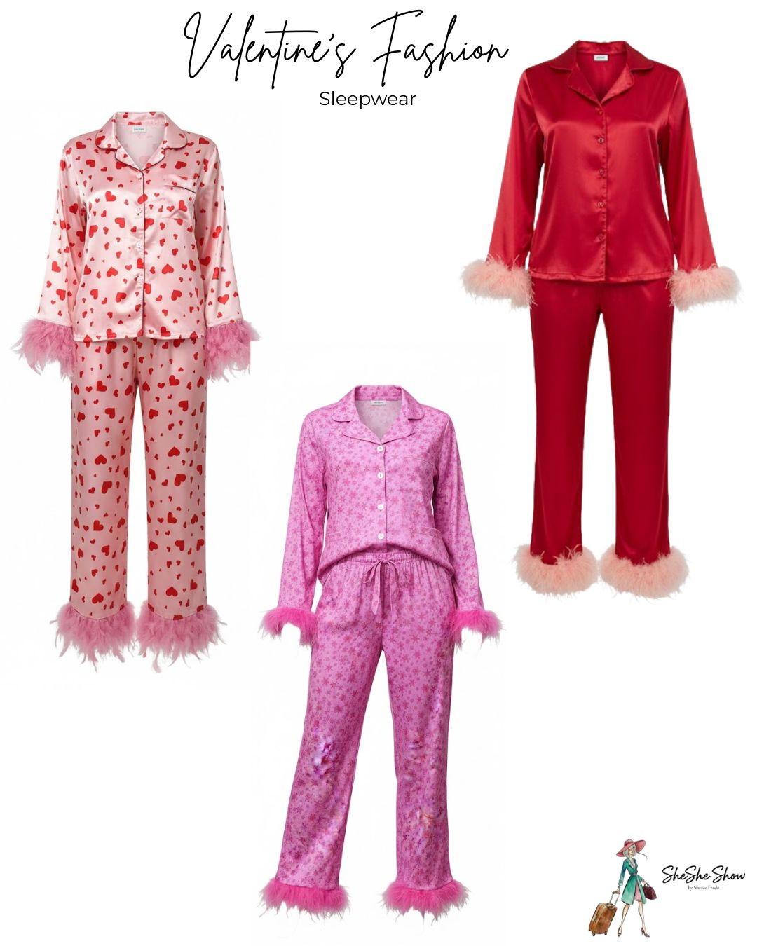   Cutest Valentines pajama sets you can also just wear the tops with Koran’s for a cute look. 
Satin pajamas with ostrich feathers at ankles and wrist. 

 

#LTKValentine #LTKgrwm #LTKOver40