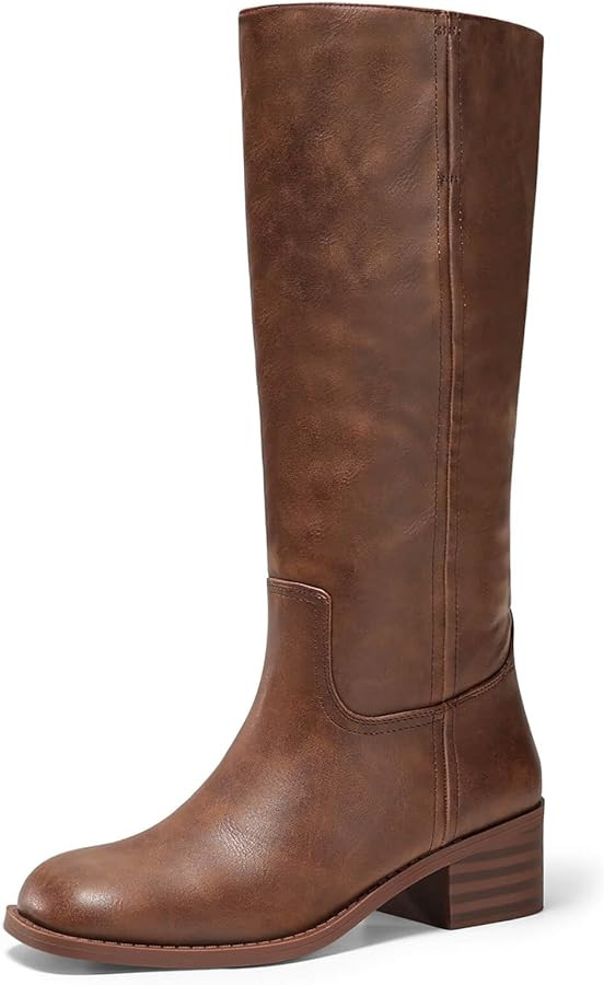 Coutgo Women's Knee High Boots Square Toe Chunky Block Heel Tall Boots Comfortable Low Heel Shoes | Amazon (US)