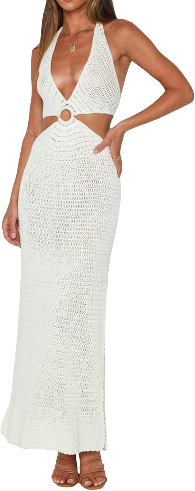 Robe de Plage Eté Maxi-Longue en Tricot Crochet Femme Robe Décontractée sans Manches à Col en... | Amazon (FR)