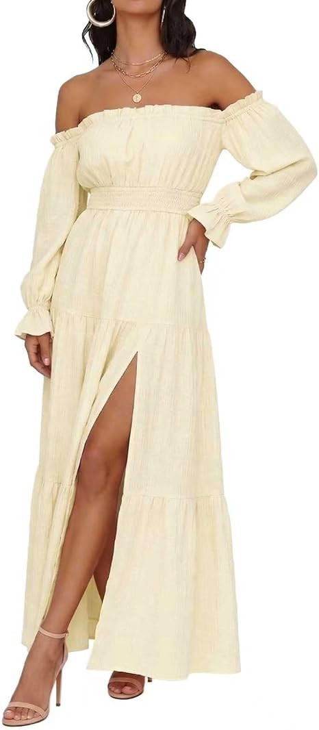 Womens Off Shoulder Smocked Maxi Dress Long Sleeve Split Long Dress | Womens Off Shoulder Smocked... | Amazon (US)