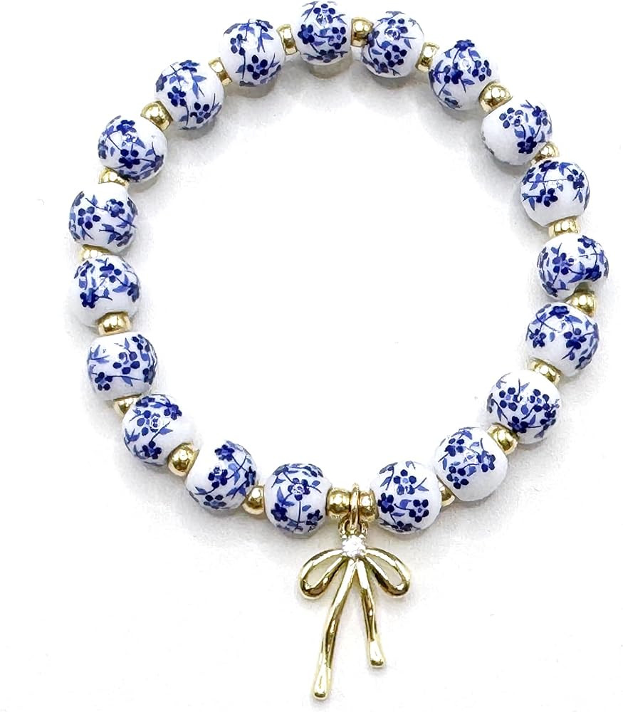 Vintage Beaded Charm Bracelet for Women - Handmade Stretch Floral Bow Design, Dainty Jewelry Gift... | Amazon (US)