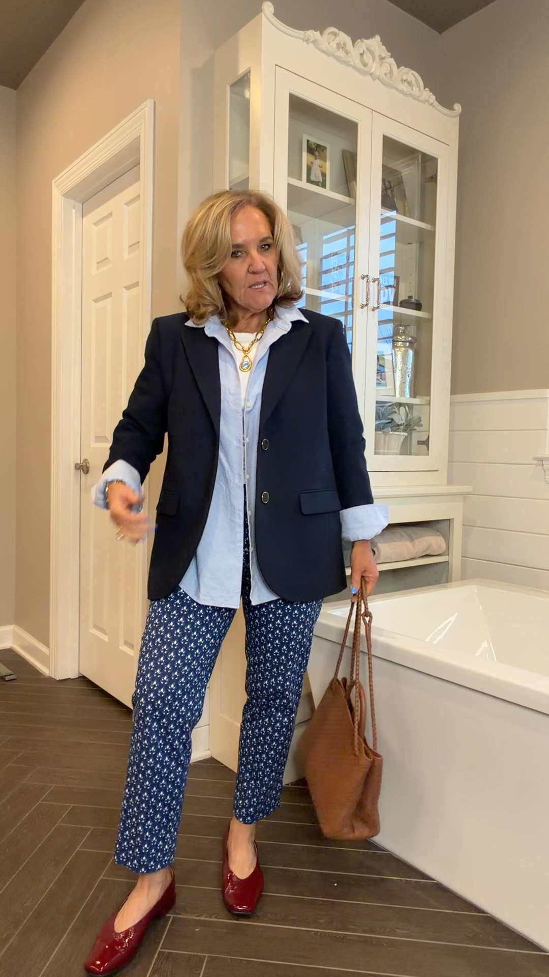 Blazer size 10 petite 
Oxford runs roomie size medium 
Pants size 8 petite 
Shoes tts 
Julie Vos blue chalcedony is my favorite stone  

#LTKSaleAlert #LTKOver40 #LTKootd
