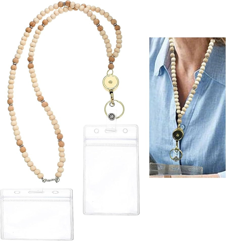 Beads Retractable Lanyard with ID Holder Wooden Beads lanyards for id Badges for Women, Teacher L... | Amazon (US)