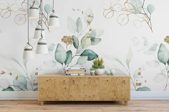 Green and Gold Leaves Removable Temporary Wallpaper, Peel and Stick, Self-Adhesive Reusable Wall ... | Etsy (US)