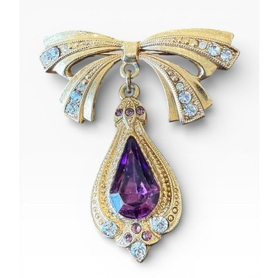 Vintage Art Deco Style Bow Brooch Purple Rhinestone Gold Tone Drop | eBay US