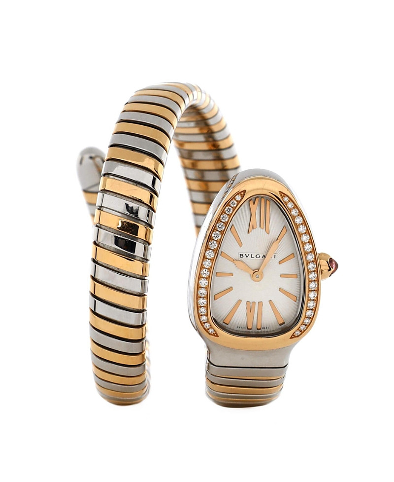 Pre-Owned Bvlgari Serpenti Tubogas Single Spiral Quartz Watch in Stainless Steel and Rose Gold with Diamond Bezel 23mm | Bloomingdale's (US)