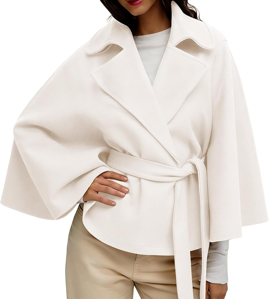 Batwing Sleeve Poncho Pea Coats for Women Oversized Wool Blend Cropped Cape Jacket with Belt Cloa... | Amazon (US)