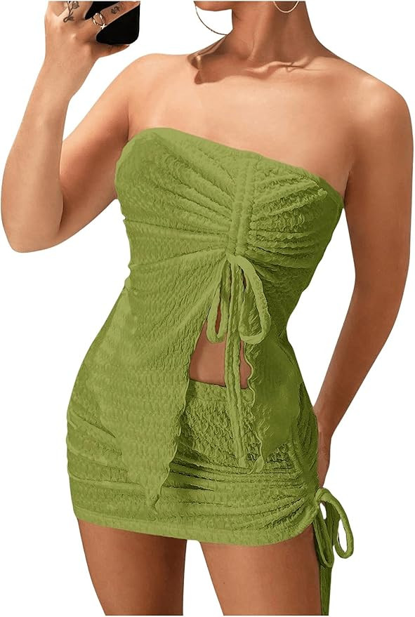GORGLITTER Women's Two Piece Set Summer Drawstring Split Going Out Set Strapless Tube Top & Ruche... | Amazon (US)