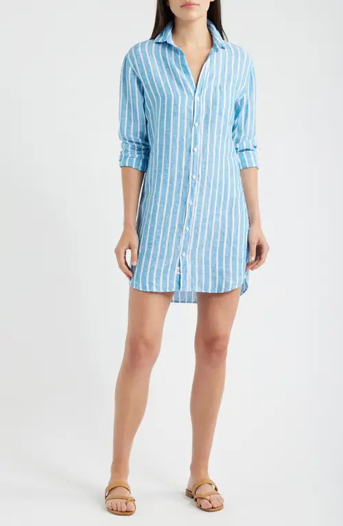 Frank & Eileen Mary Stripe Classic Long Sleeve Linen Shirtdress in Turquoise White Stripe at Nordstrom, Size Xx-Small | Nordstrom