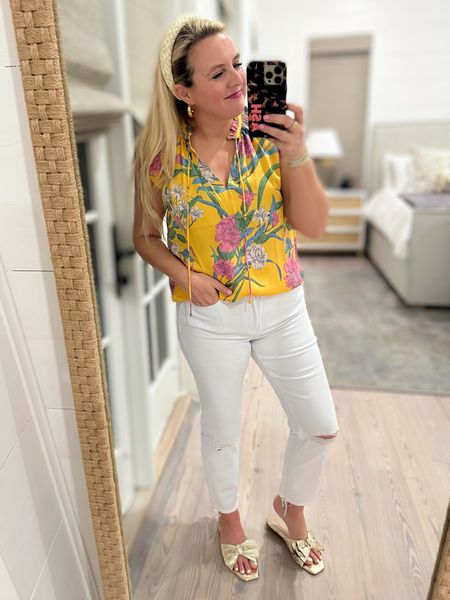 Loving this pop of yellow in this top! Wearing a size small. Would be perfect solo or under a blazer for work or denim jacket for a night out! Jeans are a 26. Code FANCY15 for 15% off  

#LTKstyletip #LTKunder100 #LTKsalealert