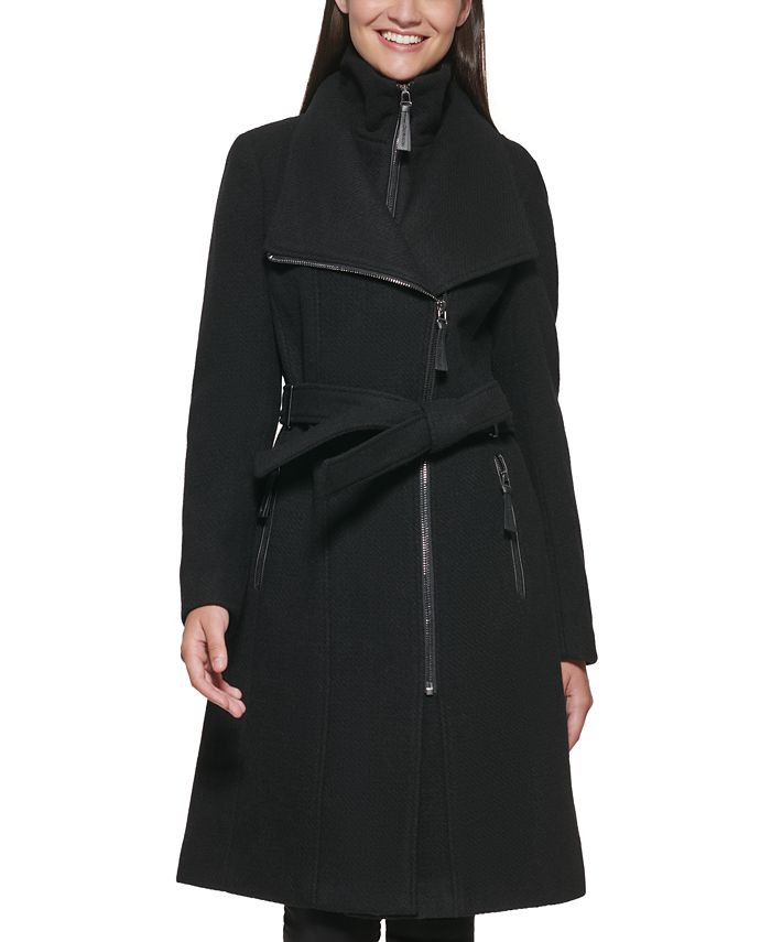 Women's Petite Faux-Leather-Trim Wrap Coat | Macys (US)