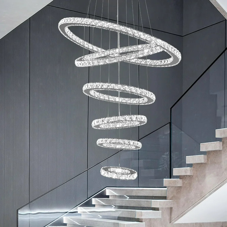 Homedelier Modern Crystal Staircase Chandelier, 6 Ring Chandelier with 3-Color LED Light, High Ce... | Walmart (US)