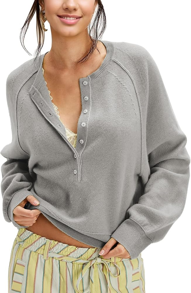 Women's Half Button Down Pullover Knit Sweater Casual Henley Long Sleeve Tunic Tops Loose Fit Tre... | Amazon (US)