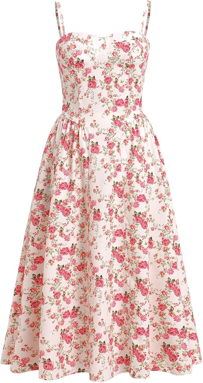 Casual Dresses for Women Boho Spaghetti Strap Corset Midi Dress with Pockets Low Cut Flowy Pleate... | Amazon (US)